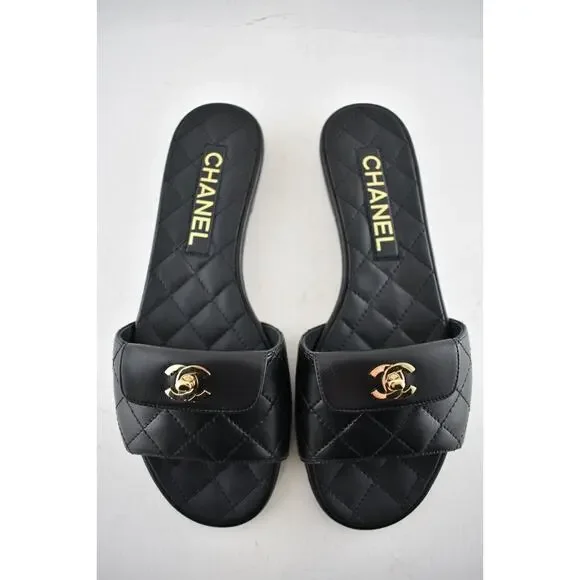 Chanel REV Black Turnlock Quilted Gold CC Logo Mules Slide Sandal Flop Flat 37 - Picture 5 of 12